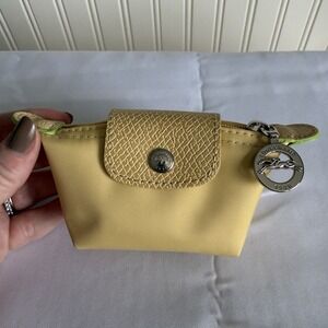 LONGCHAMP Le Pliage Leather Trim Micro Pouch Coin Purse Wheat Yellow NEW